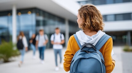 A young woman with a cozy sweater and backpack gazes back over her shoulder, showcasing a sense of calm joy and engagement within a beautifully designed contemporary campus atmosphere.