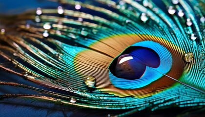 Fototapeta premium a close up of a blue and gold peacock feather with water droplets glistening on its surface
