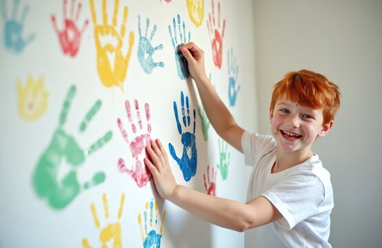 Red-haired boy with painted palms paints colorful handprints on wall. Happy kid wears white t-shirt, smiles. Creative art activity, preschool. Childhood joy, art therapy, creative expression.