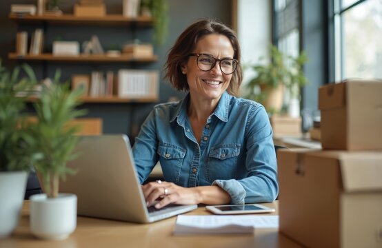 Smiling business woman in office using laptop. 40 years old entrepreneur working online. Female owner wearing denim shirt, glasses, sitting at desk. Boxes, tablet, plants, shelves background. Modern