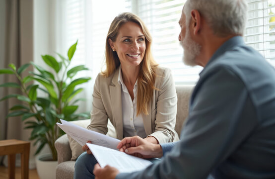 Smiling female insurance agent consults mature client about retirement health insurance policy. Focused discussion involves documents review. Client receives pro financial planning advice. Secure