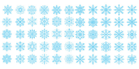Minimalist vector icons of snow flakes in graceful patterns and linear forms perfect for wintertime, New Year, and holiday visuals
