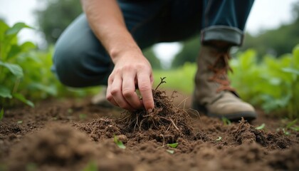 Person harvests wild burdock root in rural area. Foraging outdoors, sustainable living. Harvesting in soil. Eco lifestyle, natural food, organic farming. Close-up of hands, natural background.