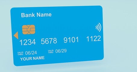 Sky blue credit card mockup on light blue background. Contactless payment, mobile banking, and e-wallet services. Financial freedom and cashless economy concept. 3D Render