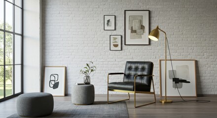 Modern living room interior with comfortable sofa and contemporary furniture, featuring a wooden floor and stylish wall decor