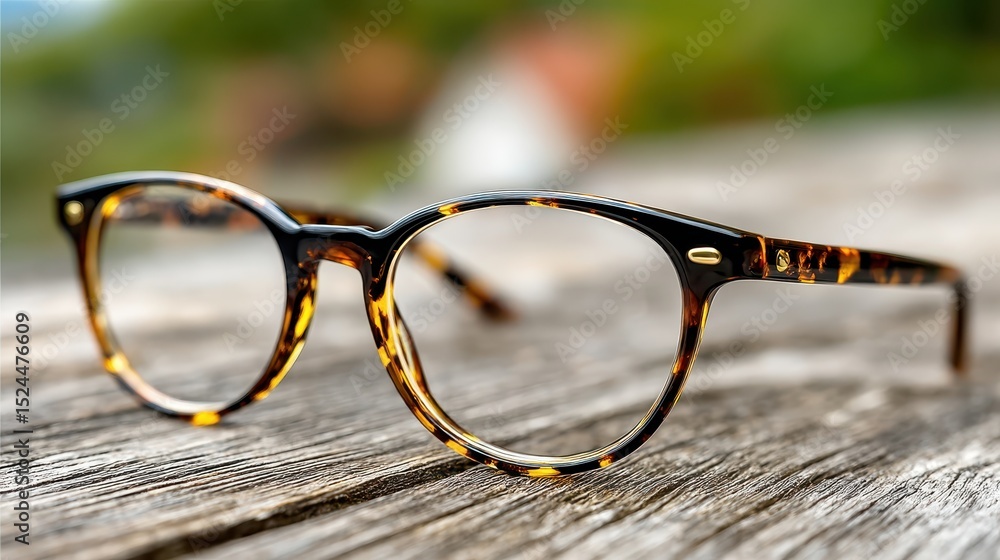 Aufkleber elegant tortoise shell glasses are placed on a rustic wooden table, combining natural elements with 