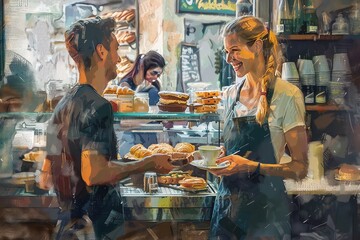 A bright and cheerful morning scene with a happy server bringing coffee and pastries