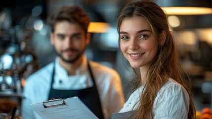 Fototapeta premium Smiling woman in apron holds clipboard, man in chef's uniform in background. Restaurant staff portrait
