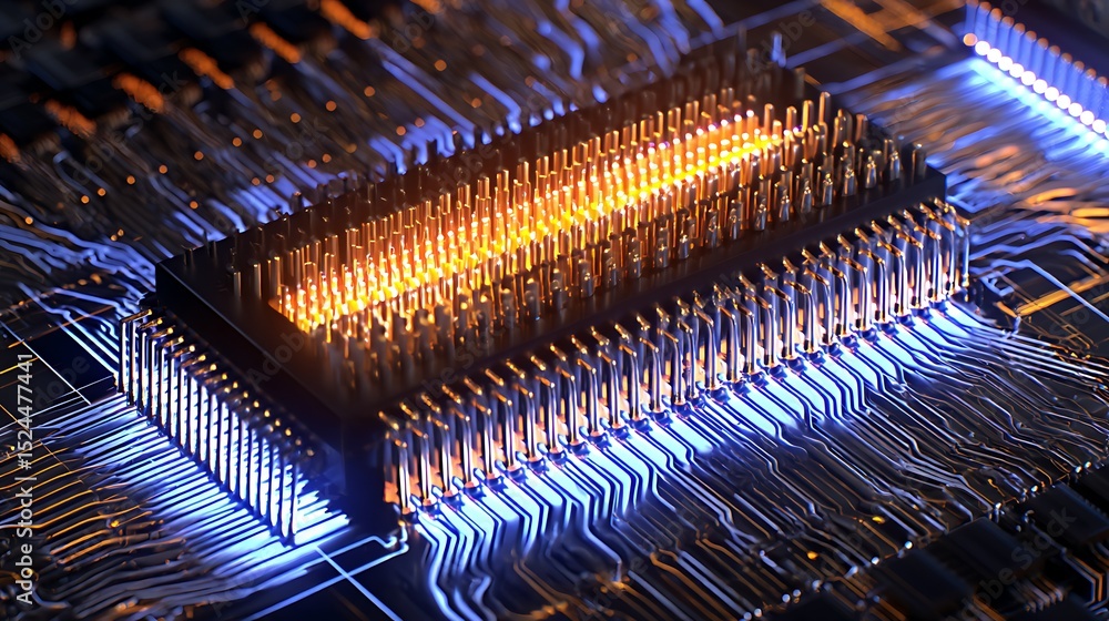 Poster electronic circuit board illuminated macro view