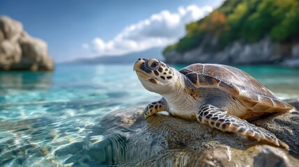 Obraz premium A beautiful sea turtle basks on a rock surrounded by crystal-clear water, showcasing the serenity of nature and the vibrant colors of the ocean environment on a sunny day.