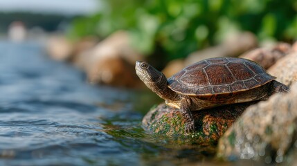 Obraz premium A turtle basks in a sunny setting by the lake shore, illustrating the harmony between wildlife and their natural environments, captured in a peaceful moment.