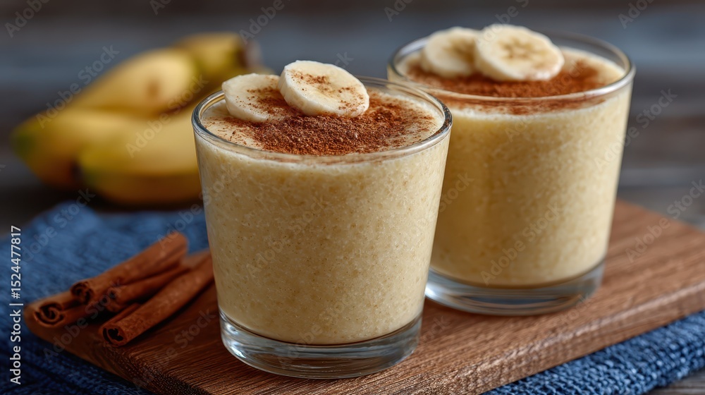 Poster two inviting banana smoothies topped with sliced bananas and cinnamon, served in clear glasses for a