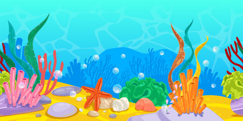 Horizontal seamless background with ocean or sea bottom with colorful coral reefs and seaweeds. Vector illustration
