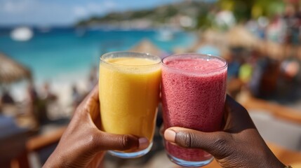 Two beautiful smoothies, one yellow and one pink, are raised in toast against a beautiful beach scene, symbolizing celebration, relaxation, and the joys of friendship in summer.