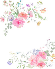  Watercolor floral frame with painted gentle flowers, eucalypt, herbs, butterfly. Hand-drawn floral illustration. For invitations, greeting cards. Vector EPS.