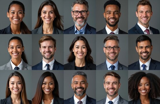 Collage of diverse multiethnic business people with positive smiling faces. Collection of portraits of confident office workers, entrepreneurs, showing pro attitude, corporate success. Business team