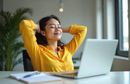Young asian woman relaxes at office desk with laptop. Enjoying break moment, resting after work during working hours. Concept of workplace relaxation, mental health, stress relief, comfort lifestyle.