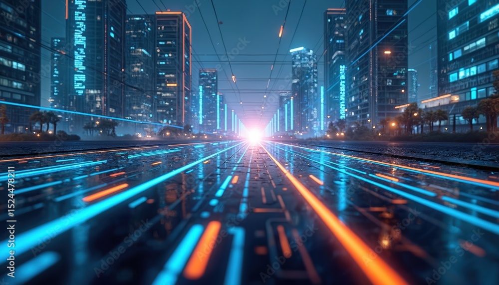 Poster Futuristic urban cityscape with neon grid network representing tech innovation. Glowing lines of data transfer, power grid, connected infrastructure, sustainability. Digital world, AI, smart city