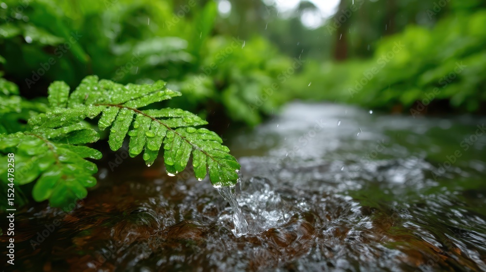Poster this image captures a close-up view of a lush green fern leaf adorned with raindrops, against a sere