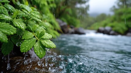A vibrant close-up of lush green leaves adorned with sparkling raindrops, set against a serene stream, perfectly capturing the beauty of nature and tranquility.
