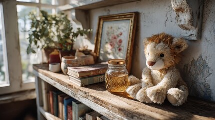 A charming plush lion sitting on a rustic shelf with vintage books and floral decor captures warmth and comfort, providing a delightful focal point in a cozy living space.
