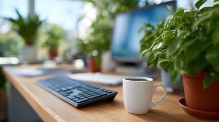 A serene workspace featuring a white coffee cup, keyboard, and vibrant plants, evoking a sense of calm and productivity in an inviting environment.
