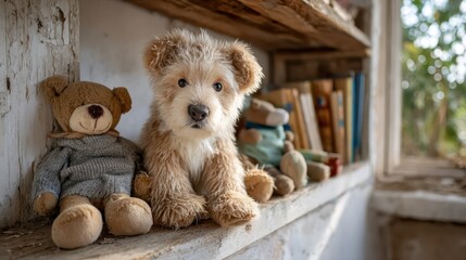 A delightful scene featuring fuzzy stuffed animals sitting on a rustic shelf, creating a charming and cozy atmosphere filled with warmth, nostalgia, and playful companionship.