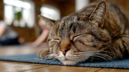 A peaceful cat sleeping on a yoga mat in a cozy studio, portraying tranquility and comfort, with a serene atmosphere reflected in the soft, warm setting.