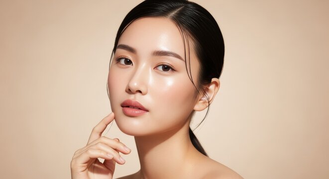 Portrait of asian woman with glowing skin, beauty shot for skincare product advertisement