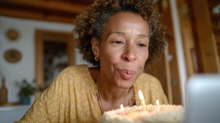 A joyful woman prepares to blow out birthday candles on a beautifully crafted cake while sharing the moment with others through her laptop in a cozy home setting.