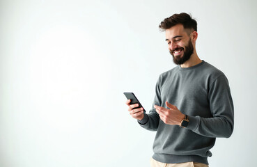 Young bearded man in grey sweater uses smartphone. Smiling guy holds device, watches, chats online, browses social media, uses apps. Modern lifestyle, tech, communication.