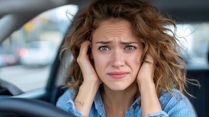 An anxious young woman sitting in her car covers her ears, expressing discomfort and frustration, highlighting the emotional response to an overwhelming environment.