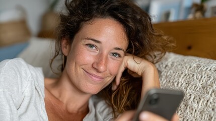 A joyful woman rests on a cozy couch, smiling as she texts on her smartphone, capturing a moment of happiness and comfort in her modern living space.