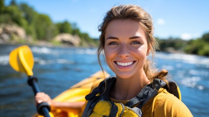 A vibrant young woman enjoys kayaking on a sunny river, radiating joy and adventure, embodying the spirit of outdoor exploration and connection with nature.