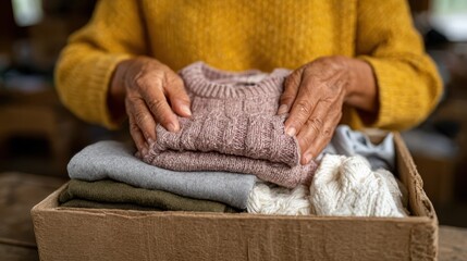 A pair of hands gently organizes cozy knitted sweaters in a cardboard box, symbolizing the spirit of giving and the warmth of prepared clothing for others in need.