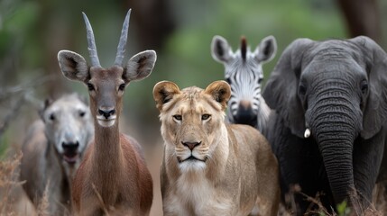 A striking gathering of different wildlife species, including a lioness, zebra, and elephant, in a vibrant natural environment, showcasing the beauty and diversity of nature.
