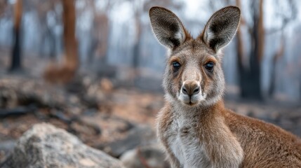 Fototapeta premium A resilient kangaroo stands amidst a charred backdrop, symbolizing nature's ability to survive and adapt following devastating wildfires in Australia.