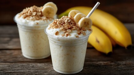 Two tantalizing banana smoothies topped with crunchy oats and fresh fruit, embodying refreshing indulgence and an inviting treat for health-conscious enthusiasts.