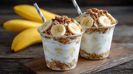 Two transparent cups of delicious yogurt parfaits layered with granola, fresh bananas, and nuts, an appealing and healthy dessert or snack option.