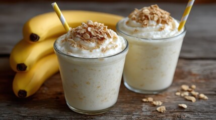 Two glass cups filled with banana smoothies topped with whipped cream and granola, served with cute striped straws, perfect for a healthy breakfast or snack.