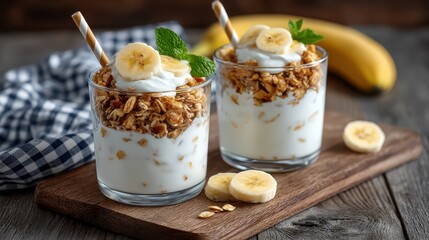 Two refreshing yogurt cups enriched with granola, banana slices, and mint leaves serve as a healthy and delightful treat perfect for a mid-day snack or dessert.