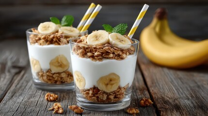 Two attractive yogurt cups decorated with fresh banana slices, granola, and mint, presenting a delicious and healthy breakfast option perfect for any morning.