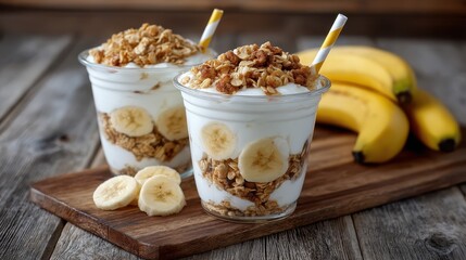 Two glass jars filled with layers of yogurt, banana slices, and granola offer a visually appealing dessert, highlighting healthy eating and simple ingredients.