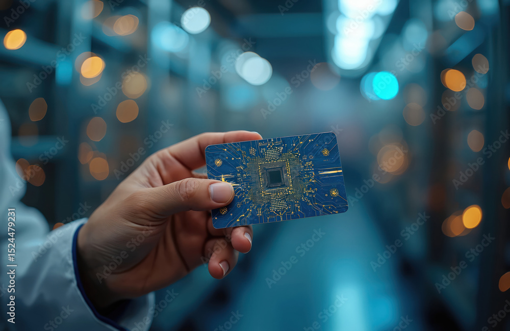 Aufkleber Hand holds microchip. Electronic component tech. Circuit board with CPU processor and transistors. Digital data, innovation, tech future. Microchip technology production, semiconductor factory.