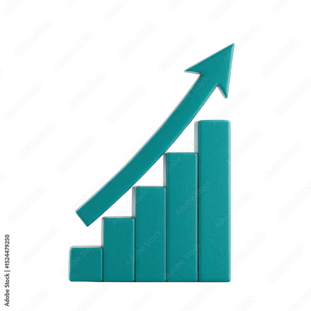 Poster teal 3d bar graph with upward arrow symbolizes growth and success. bars increase in height from left