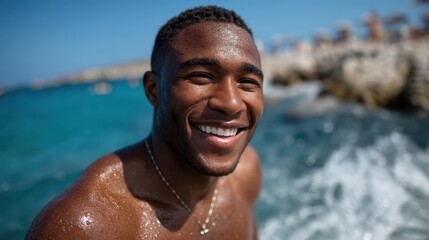 A smiling young man stands at the edge of the sea, showcasing his joy as he embraces the warmth of the sun and the refreshing waves on a vibrant summer day.