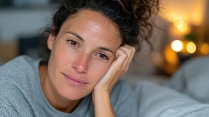 A captivating portrait of a relaxed woman smiling softly, with her chin propped on her hand, surrounded by a cozy interior setting and warm soft lighting.