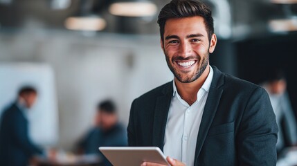 Fototapeta premium Young Smiling Latin Businessman Holding Tablet in Modern Office