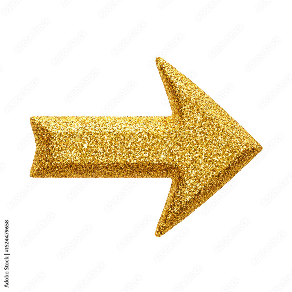 Poster glittering gold arrow pointing to right, symbolizing direction and movement, with sparkling texture 