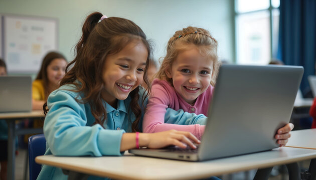 Happy young girls sitting classroom coding class, learning basic computer programming skills. Diverse students studying with laptop in school, education. Digital literacy, STEM education focus.